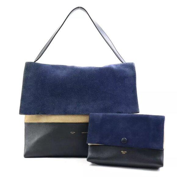 Auth CELINE All Soft Shoulder Bag Navy/Black/Beige Suede/Leather - Picture 1 of 16